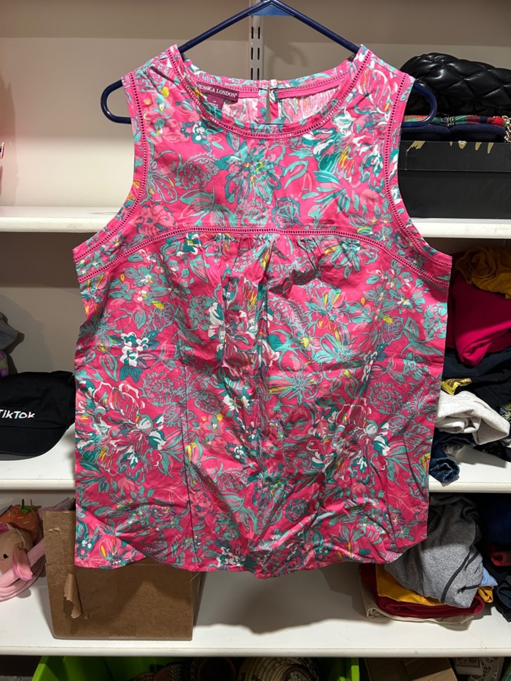 Jessica London Pink Floral Blouse with Teal Accents